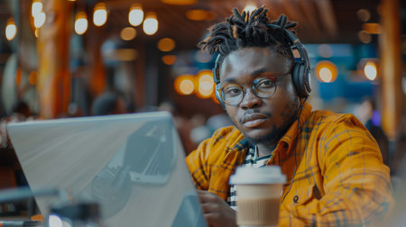 Focused Young Man Wearing Glasses and Headphones Works Intently on a Laptop in a Cafe Filled With Warm Ambient Lighting During the Day. Generative AIの素材