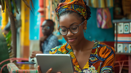 Woman Engaging With a Digital Device in a Colorful Cafe While a Man Observes Nearby in a Vibrant Setting. Generative AIの素材