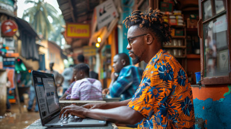 A Man Sits at an Outdoor Cafe, Focused on His Laptop, as Raindrops Fall in a Lively Street Market Filled With Colors. Generative AIの素材