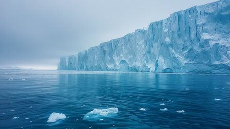 Glacial Landscape Depicts Towering Icebergs Reflecting in Calm Waters Under a Cloudy Sky in a Remote Polar Region During Early Morning Hours. Generative AIの素材