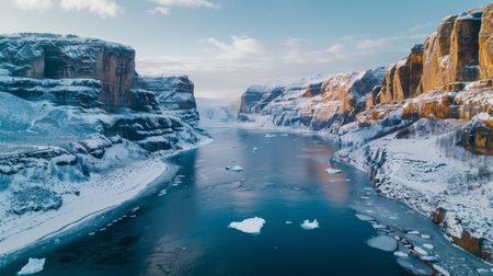 Majestic Frozen Landscape Showcasing Icy River and Towering Cliffs at Dawn in a Remote Wilderness Area. Generative AIの素材