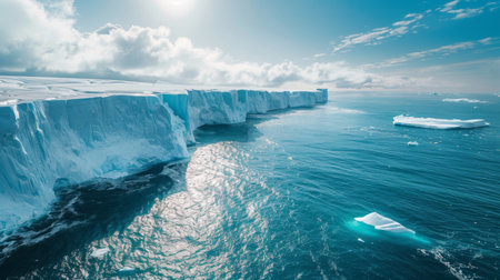 Majestic Icy Cliffs Bordering Tranquil Blue Ocean Under Clear Skies in the Polar Region During Daylight Hours. Generative AIの素材