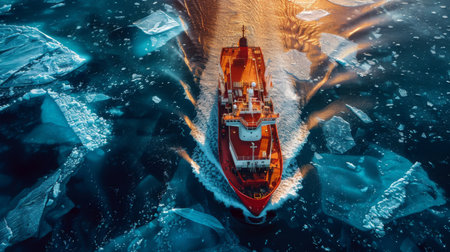 Icebreaker Ship Navigates Through Frozen Waters at Sunrise Creating a Path Among Ice Floes in the Arctic Region. Generative AIの素材