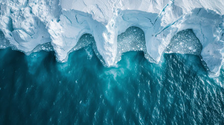 Ice Formations Along a Coastal Shoreline Create a Striking Contrast With the Deep Blue Ocean in a Frozen Landscape. Generative AIの素材