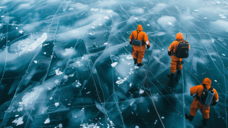 Exploring a Frozen Lake With Scientists in Orange Suits During Winter in a Remote Location. Generative AIの素材