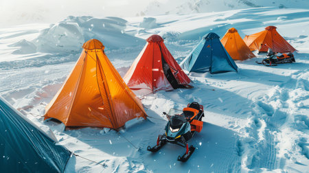 Colorful Tents Set Against a Snowy Landscape With Snowmobiles Around During Winter Expedition in a Mountainous Region. Generative AIの素材
