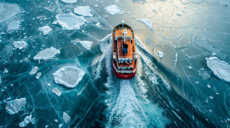 A Boat Navigates Through Icy Waters, Breaking Through Translucent Ice While Sunlight Glimmers on the Surface. Generative AIの素材