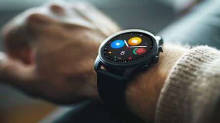 Modern Smartwatch Displays Colorful Notifications While Resting on a Wrist in a Cozy Indoor Setting During Daylight Hours. Generative AIの素材