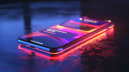 Smartphone Displaying Vibrant and Colorful Notifications Illuminated Against a Dark Reflective Surface at Night. Generative AIの素材