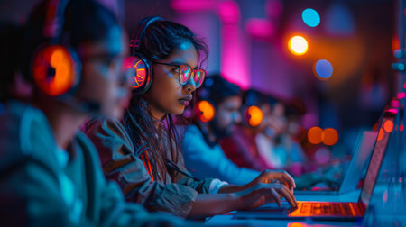 Young Gamers Engaged in Competitive Gaming Event Under Colorful Lights in a Packed Arena During Late Evening Hours. Generative AIの素材