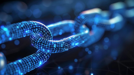 Digital Chain Link Representation Showcasing Data Technology and Connectivity in a Futuristic Setting. Generative AIの素材
