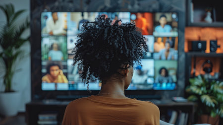 Engaging in a Virtual Meeting With a Diverse Group of Participants on a Large Screen During Evening Hours at Home. Generative AIの素材