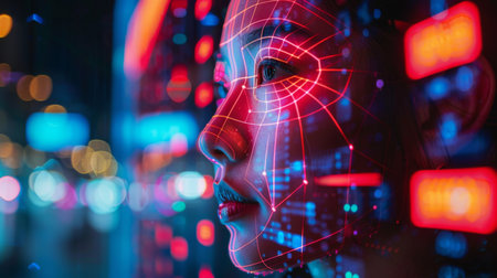 Woman With Digital Overlay Gazes at Neon Lights in a Futuristic Urban Setting at Night. Generative AIの素材