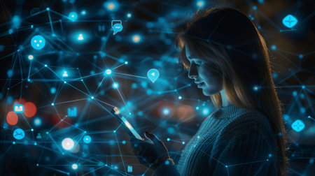 Digital Interaction at Night With Glowing Technology Symbols Enhancing User Experience in a Modern Environment. Generative AIの素材