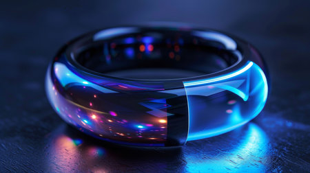 Futuristic Glowing Ring Rests on a Dark Surface With Vibrant Light Reflections and Intricate Designs Visible in the Material at Night. Generative AIの素材