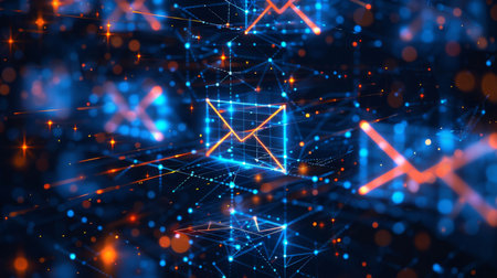 Digital Communication Network Filled With Glowing Envelopes and Floating Data Structures in Vibrant Blue and Orange Colors. Generative AIの素材