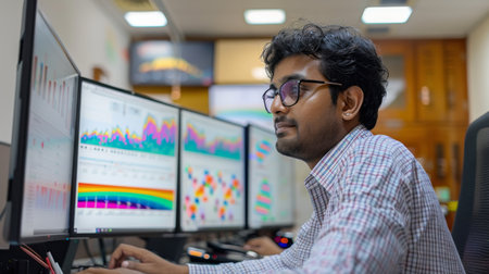 Young Professional Working Diligently at a Multi Monitor Setup in a Modern Office Analyzing Data Trends and Visualizations During the Day. Generative AIの素材