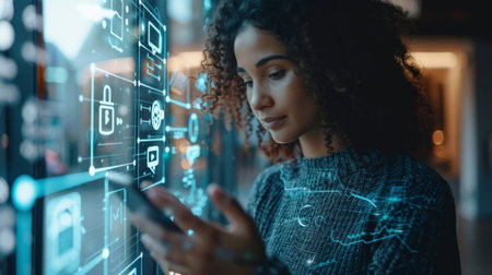 Woman Interacting With Digital Interface While Using Smartphone in Modern Workspace During Daylight Hours. Generative AIの素材