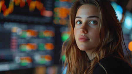 Young Woman Focused on Financial Data in a Modern Trading Room During Daytime Hours, Conveying a Sense of Concentration and Professionalism. Generative AIの素材