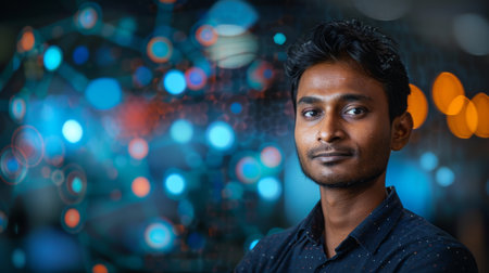 Young Man With Dark Hair Poses Confidently Against a Backdrop of Blue and Orange Lights, Showcasing a Modern Digital Atmosphere in a Creative Workspace. Generative AIの素材