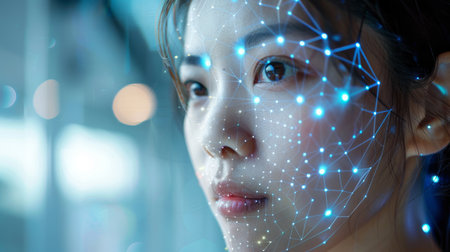 Woman With Facial Projection Technology Demonstrating Data Visualization in Modern Urban Setting. Generative AIの素材