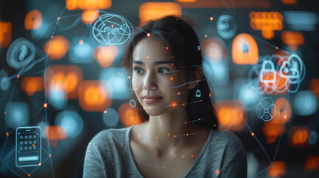 Young Woman Engaged in Digital Innovation With Holographic Technology in a Modern Workspace During the Afternoon. Generative AIの素材