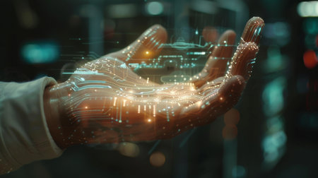 A Futuristic Hand Showcases Intricate Digital Circuitry Within a High Tech Laboratory, Illuminated by the Evening Glow. Generative AI is at Play Hereの素材