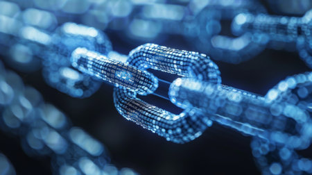 Digital Chain Links Illuminated in a Futuristic Setting Showcasing Connectivity and Data Transmission Technologies. Generative AIの素材