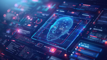 Digital Representation of a Human Face Displayed on a Futuristic Interface Filled With Data and Analytics in a Tech Driven Environment. Generative AIの素材