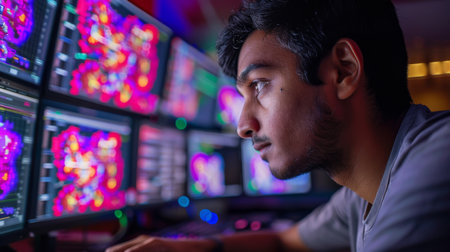 Young Man Engaged in Deep Focus While Analyzing Colorful Data on Multiple Computer Screens in a High Tech Environment During Evening Hours. Generative AIの素材