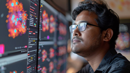 Data Analyst Reviewing Complex Visualizations in a Modern Tech Workspace During Daylight Hours. Generative AIの素材