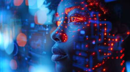 Exploring the Intersection of Technology and Identity Through a Vivid Digital Representation of a Young Individual Immersed in Data Visualization. Generative AIの素材