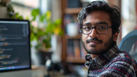 Young Man Focused on Coding at His Desk in a Cozy Workspace Filled With Plants and Personal Touches During the Afternoon. Generative AIの素材