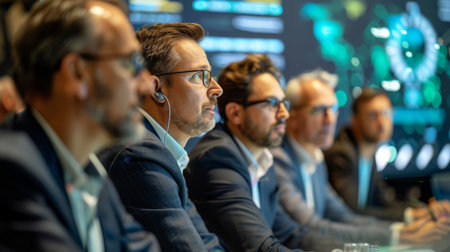 Group of Professionals Engaged in a Serious Discussion During a High Stakes Business Meeting in a Contemporary Conference Room at Dusk. Generative AIの素材