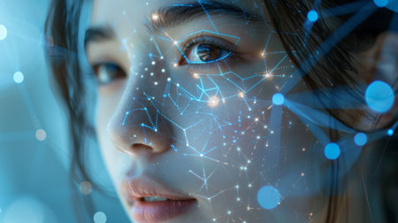 Close up of a Womans Face With Digital Technology Effects Enhancing Her Features and Creating a Futuristic Aesthetic in a Bright Setting. Generative AIの素材