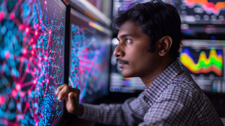 Young Professional Analyzes Data Visualizations on Multiple Monitors During Evening Hours in a Modern Office Setting. Generative AIの素材