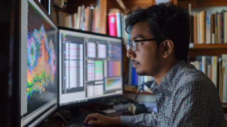Young Man Focused on Computer Screens Displaying Complex Data Visualization in a Cozy Library Setting During the Day. Generative AIの素材