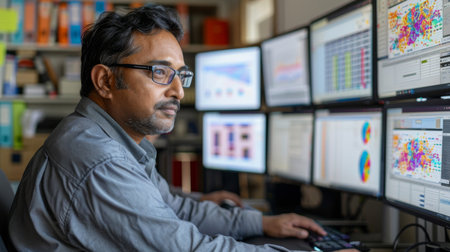 Professional Man Analyzes Data Trends Using Multiple Computer Monitors in a Modern Office Environment During Daytime Hours. Generative AIの素材