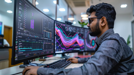 Young Professional Analyzing Data Trends at a Modern Workspace With Multiple Computer Screens Showcasing Graphs and Statistics. Generative AIの素材