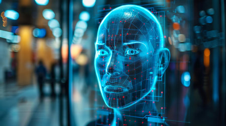 Futuristic Digital Representation of a Human Face Displayed in a Modern Technology Exhibition Showcasing Advancements in Artificial Intelligence. Generative AIの素材