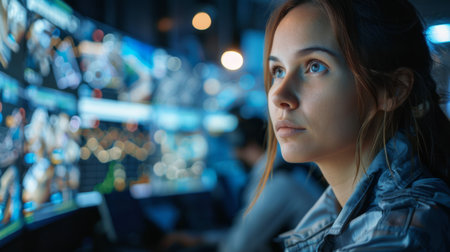 Young Woman Focused on Multiple Screens Displaying Data and Graphics in a High Tech Control Room During Nighttime. Generative AIの素材