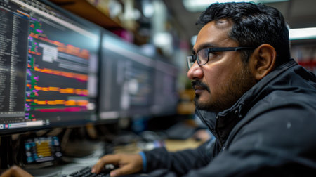 Focused Individual Working on Multiple Computer Screens in a Tech Environment During Late Night Hours. Generative AIの素材
