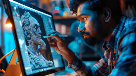 Artist Creates Intricate 3D Model of a Humanoid Character in a Colorful Studio Environment During Nighttime Hours. Generative AIの素材