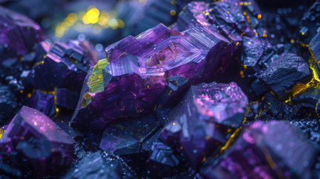 Beautiful Clusters of Purple and Yellow Fluorite Crystals on Dark Mineral Backdrop Captured in Close Up During Natural Light. Generative AIの素材