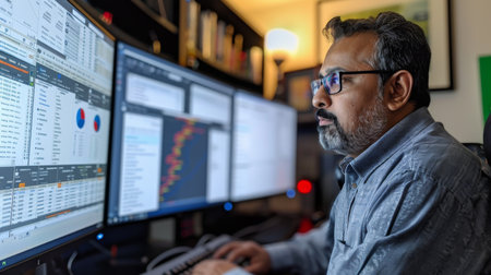 Man Working in a Home Office Surrounded by Multiple Computer Screens Displaying Data Analytics and Programming Codes in the Evening Light. Generative AIの素材