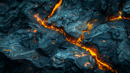 Vivid Lava Flow Revealing Intricate Textures and Glowing Patterns on Volcanic Rock in a Highly Detailed and Captivating Landscape at Twilight. Generative AIの素材