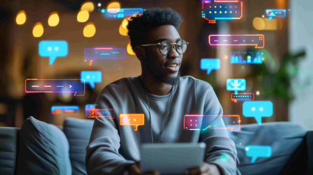 Engaging Young Man Surrounded by Digital Communication Icons While Using a Tablet in a Cozy Indoor Space. Generative AIの素材