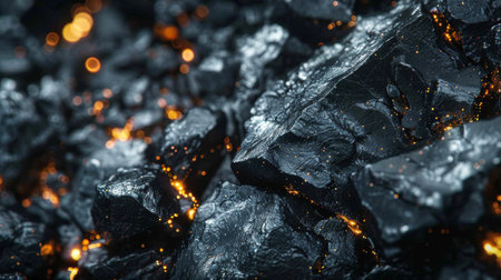 Dark Coal Surface With Glowing Embers Showcasing an Intricate Texture and Warm Hues in a Close Up Shot Taken During a Low Light Setting. Generative AIの素材