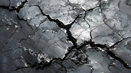 Close up View of Cracked Black Surface Revealing Texture and Patterns During Natural Lighting at Midday. Generative AIの素材