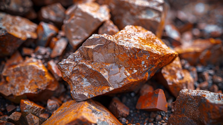 Glimmering Orange and Brown Mineral Rocks Scattered Across a Rugged Terrain in Sunlight Showcasing Their Unique Texture and Color Composition in a Natural Outdoor Setting. Generative AIの素材